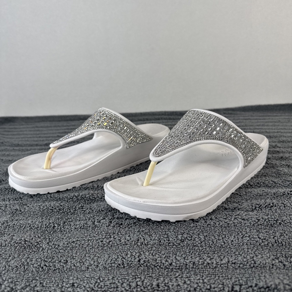 Skechers Luxe Foam Flip Flops White Silver Beaded Platform Sandals 8 - Picture 4 of 8